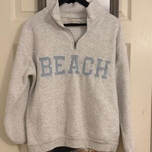 Gray Quarter-Zip Sweatshirt with Blue 'BEACH' Print